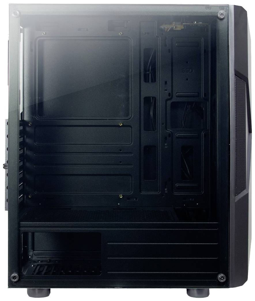 Ein leerer Computergehäuse-Tower aus schwarzem Metall und Glas, bereit zur Installation von Hardwarekomponenten.