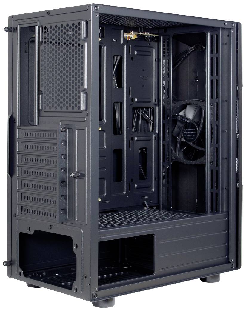 Schwarzes PC-Gehäuse mit offenem Design, zeigt interne Montageschächte und Lüfter, bereit für den Einbau von Computerkomponenten.