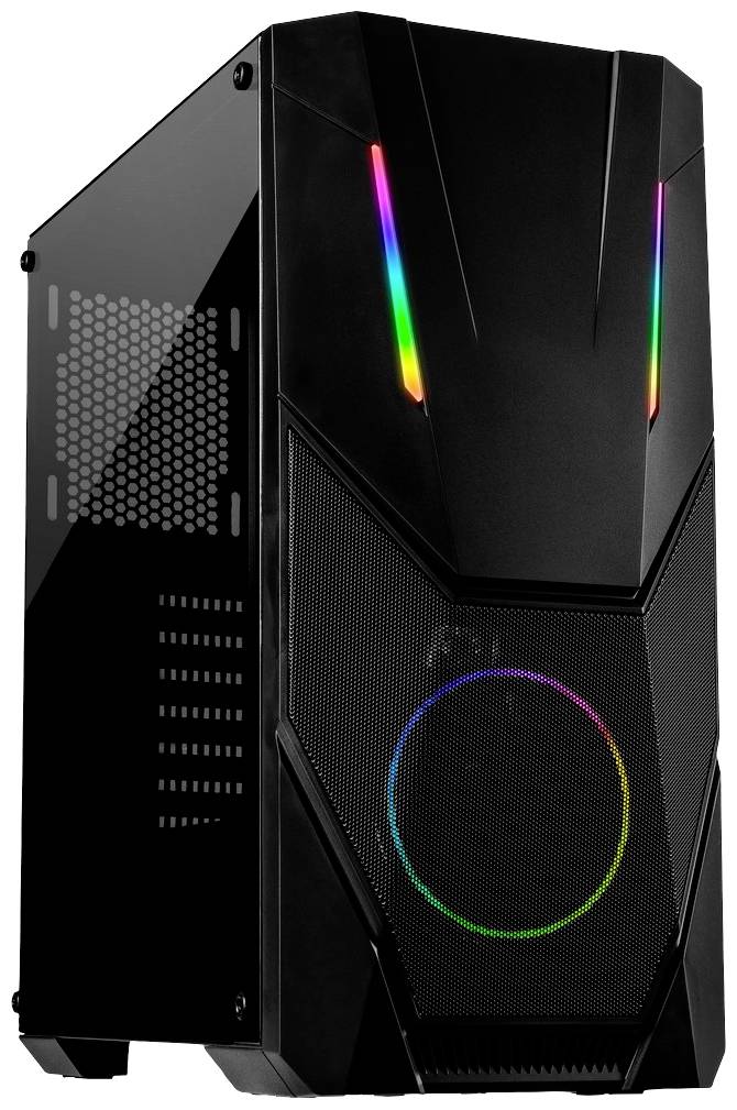 Schwarzes Computergehäuse mit LED-Beleuchtung an Vorderseite. Rechts belüftete Seitenwand. Moderner Stil.