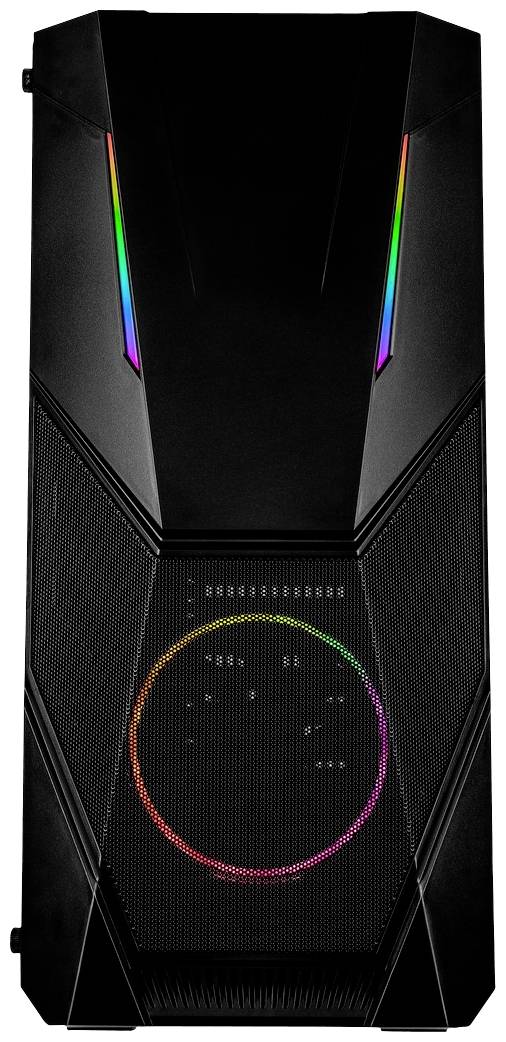 Schwarzes Computergehäuse mit RGB-Elementen an den Seiten und einem beleuchteten Lüfter vorne.