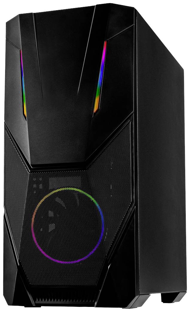 Ein schwarzes Computergehäuse mit einem futuristischen Design und bunten LED-Lichtern an der Vorderseite.