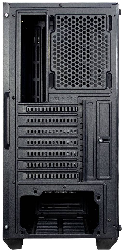 Rückansicht eines Computergehäuses mit mehreren Lüftungsschlitzen und Erweiterungssteckplätzen. Kein sichtbares Kabelmanagement.