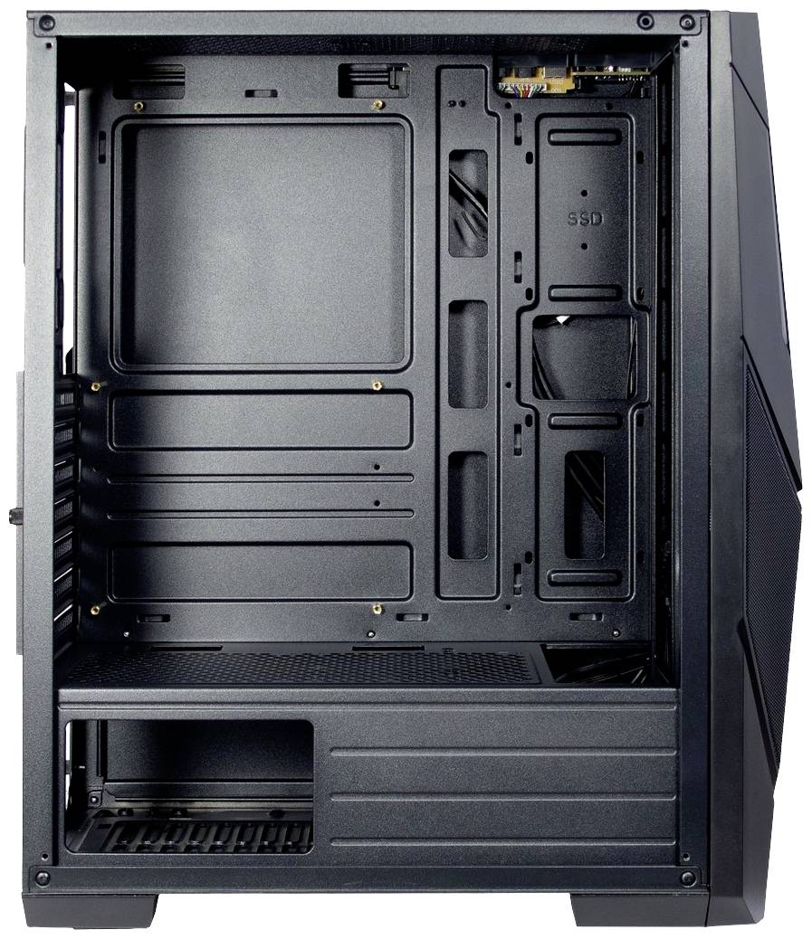 Leeres Computergehäuse in Schwarz, ATX-Format. Zeigt internen Rahmen und Platz für Motherboard, Netzteil und Laufwerke.