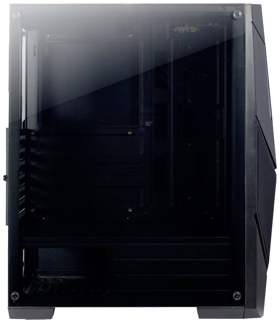 Schwarzes Computergehäuse mit transparentem Seitenpanel, zeigt leeres Innenfach ohne Hardwarekomponenten, geeignet für PC-Bau.