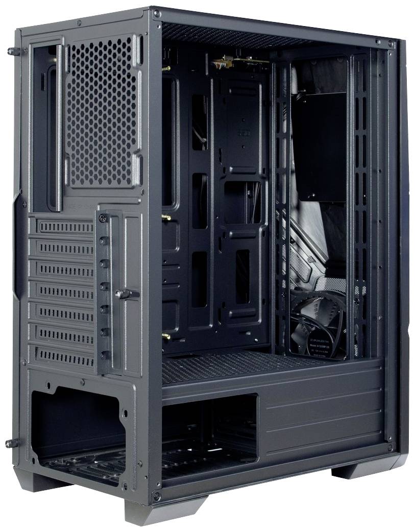 PC-Gehäuse in einem offenen Zustand. Es zeigt das Innere mit Halterungen für Komponenten wie Mainboard, Laufwerke und Lüfter.