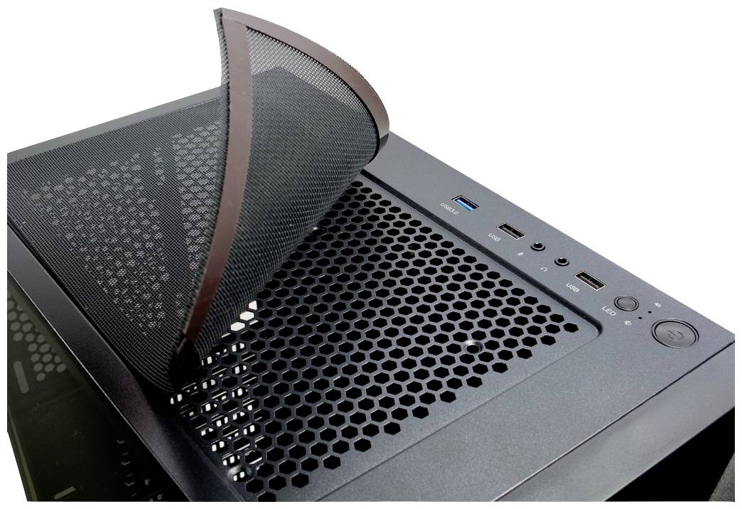 Ein Computergehäuse mit abnehmbarem Staubfilter oben, zeigt Lüftungsgitter und USB-Anschlüsse an der Vorderseite.