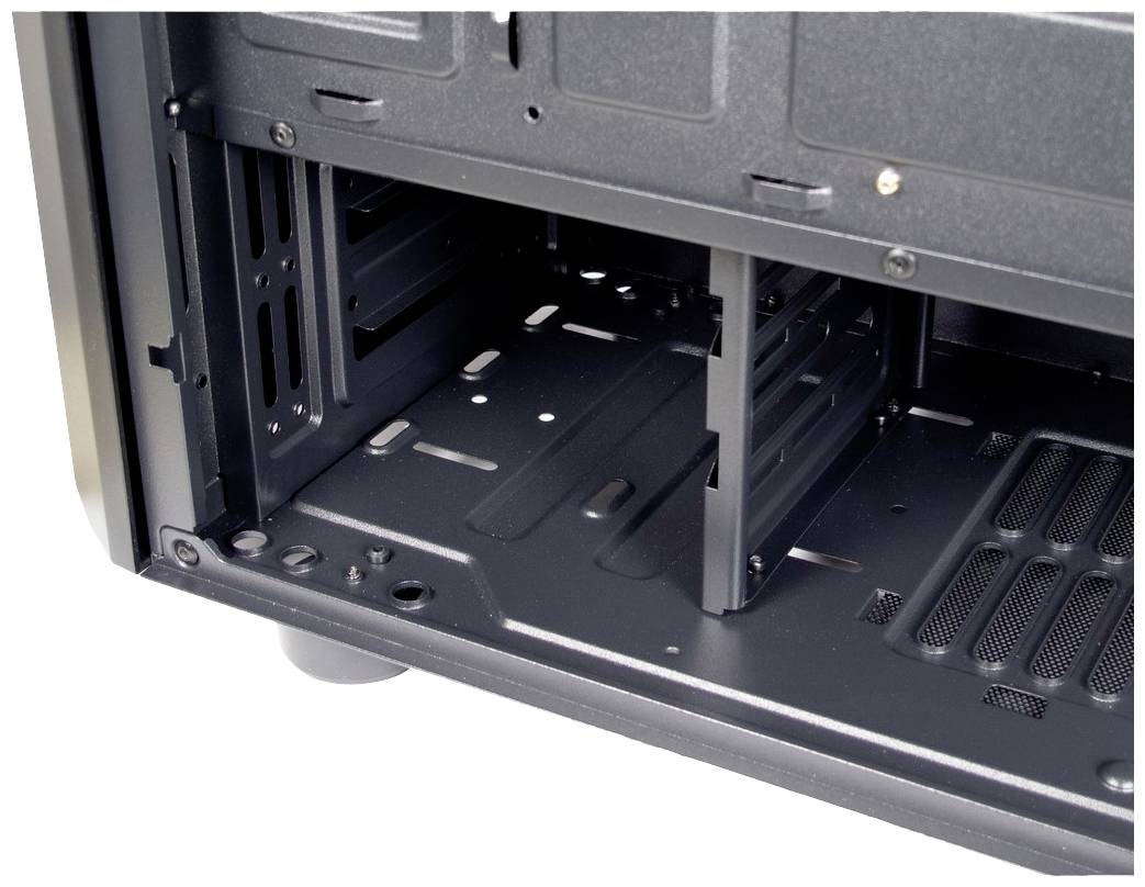 Schwarzes Computergehäuse mit zwei leeren Festplatteneinschüben im Inneren, geeignet für Hardwareinstallation.