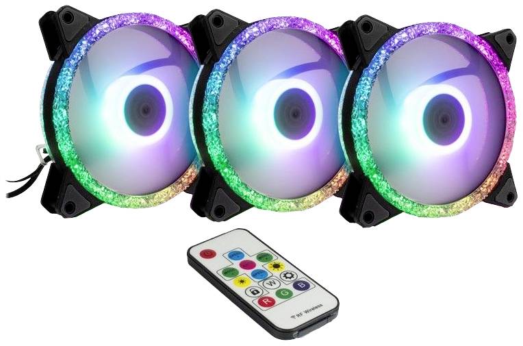 Drei LED-Computerlüfter mit bunten Lichtern und Fernbedienung zur Steuerung der Lichtmodi. Ideal zur Kühlung und Beleuchtung von PCs.
