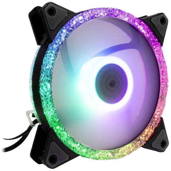 Ein Computergehäuselüfter mit LED-Beleuchtung in mehreren Farben, montiert in einem Gehäuse.