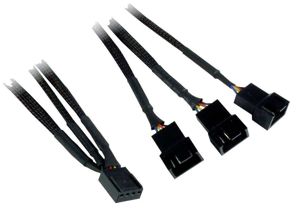 Kabelverteiler mit vier schwarzen Anschlusssteckern, geeignet zur Verbindung von Lüftern in einem Computergehäuse.