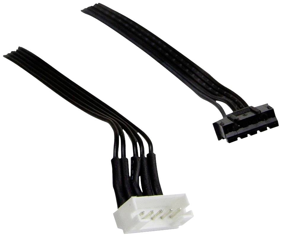 Zwei elektrische Kabel mit Steckverbindern an den Enden. Eines hat einen weißen 4-Pin-Stecker, das andere einen schwarzen 6-Pin-Stecker.
