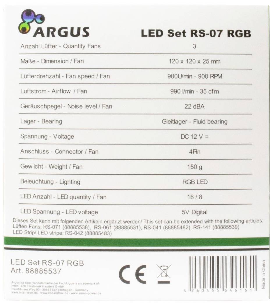 Inter-Tech Argus RS07 PC-Gehäuse-Lüfter Schwarz (B x H x T) 120 x 120 x 25mm inkl. Fernbedienung, inkl. LED-Beleuchtung
