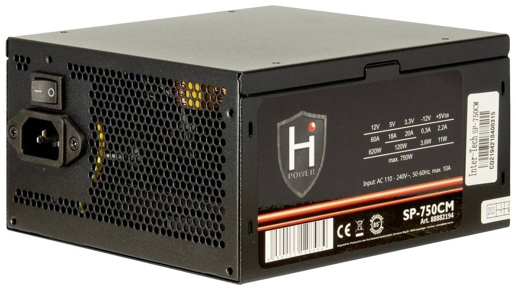 Ein schwarzes Computernetzteil mit der Bezeichnung 'H Power SP-750CM', zeigt Spezifikationen: 750W Leistung, verschiedene Spannungsausgänge.