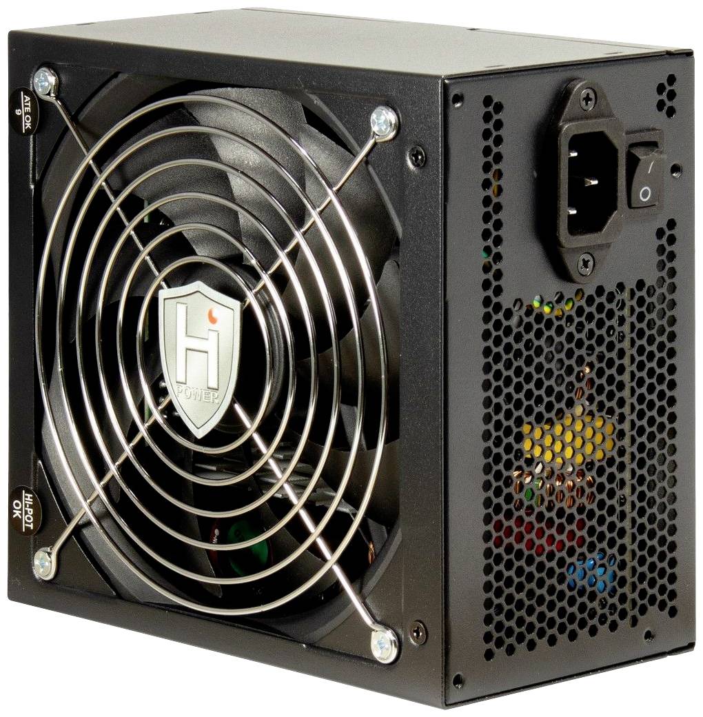 Computernetzteil mit Ventilator und Netzkabelanschluss, schwarzes Gehäuse, belüftete Seitenteile für Kühlung.