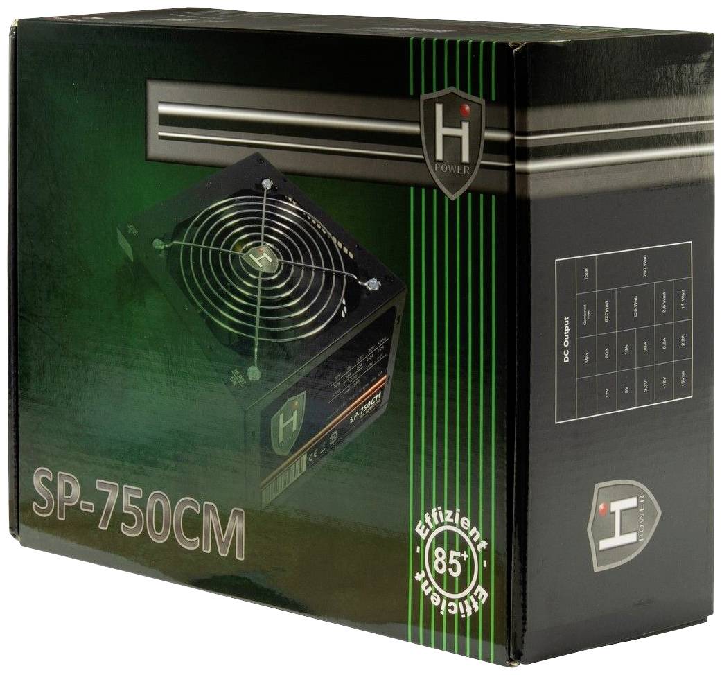 Verpackung eines Netzteils mit der Aufschrift 'SP-750CM', zeigt ein Modell mit Kühlergitter. Label 'Effizient 85%' und ein Markenlogo.