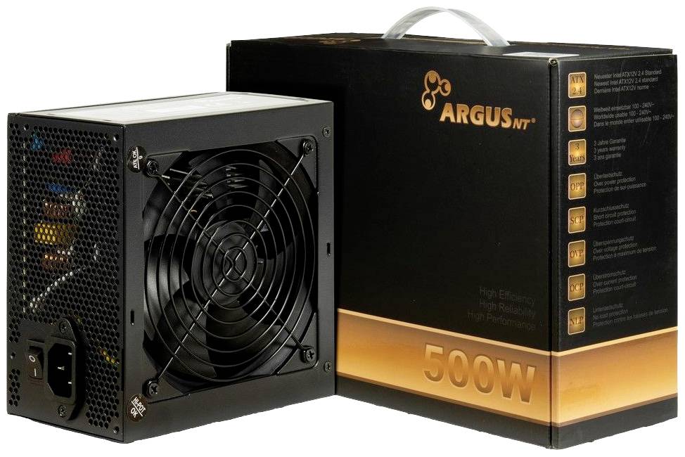 Netzteil mit Lüfter und Kabelanschlüssen neben der Verpackung mit dem Schriftzug 'ARGUS NT 500W'.
