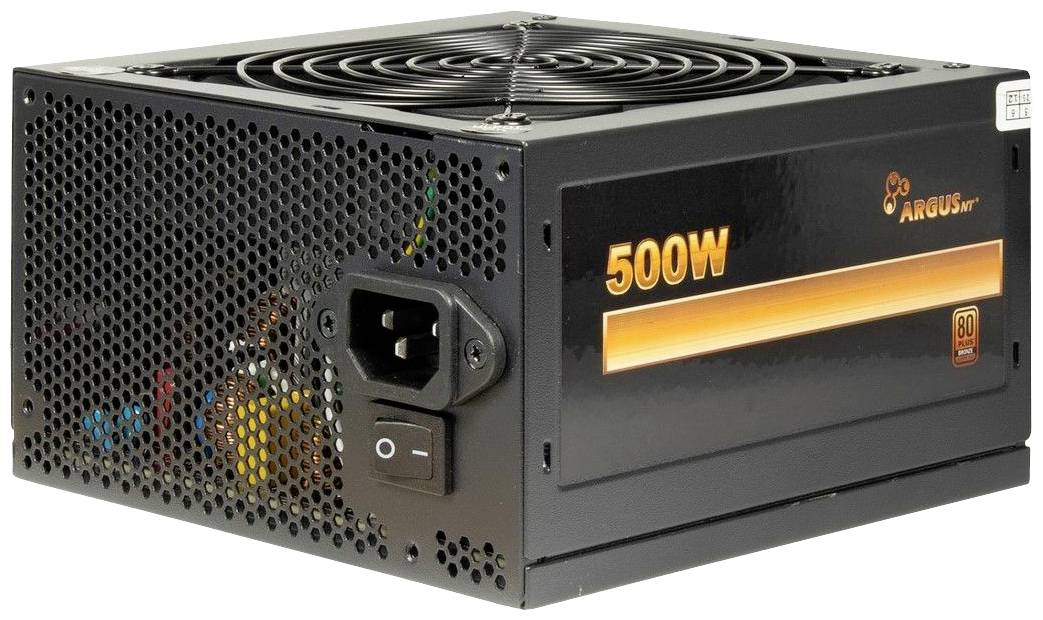 Schwarzes Computernetzteil mit Aufschrift '500W' und Lüfter oben. Vorderseite mit Stromanschluss und Schalter.