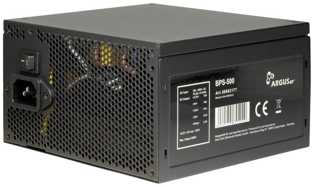 Schwarzes Computer-Netzteil mit Lüftungsgitter und Aufkleber mit technischen Spezifikationen und Zertifizierungen an der Seite.