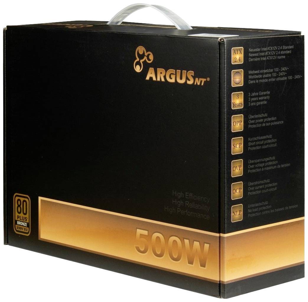 Schwarze Verpackung eines 500W Netzteils mit orangenen Akzenten. Markenname oben, technische Spezifikationen auf rechter Seite.