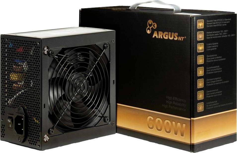 Ein schwarzes Computernetzteil mit Lüfter und Kabelanschlüssen steht vor einer schwarzen Verpackung mit der Aufschrift 'ARGUS 600W'.