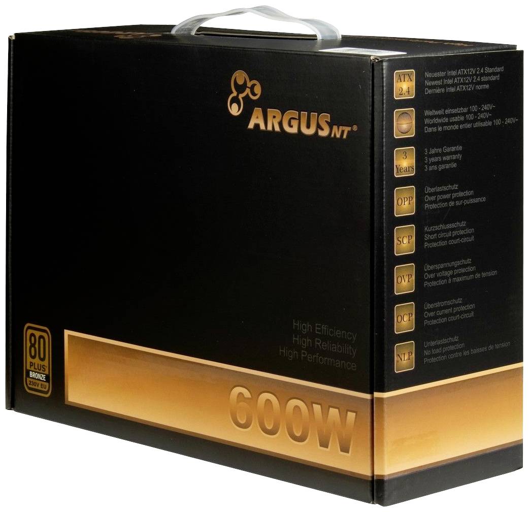 'ARGUS NT' Computer-Netzteil Verpackung, 600W Leistung, 80 Plus Bronze Zertifizierung, mit Energiesparangaben und Funktionsdetails.