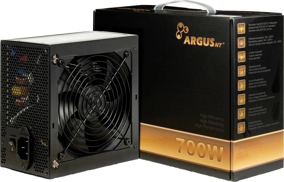 'ARGUS NT 700W Netzteil' mit Lüfter und schwarzem Gehäuse, daneben die Verpackung. Designed für hohe Effizienz und Leistung.