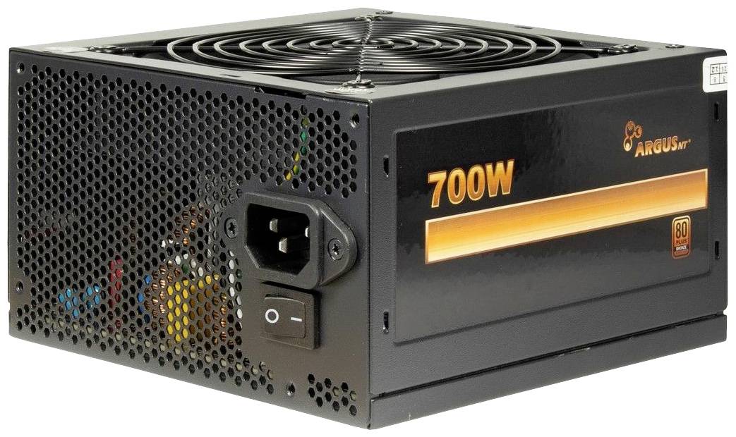 Schwarzes Computer-Netzteil mit der Aufschrift '700W' auf der Seite, Lüfter oben sichtbar, Netzschalter und Anschluss auf der Rückseite.