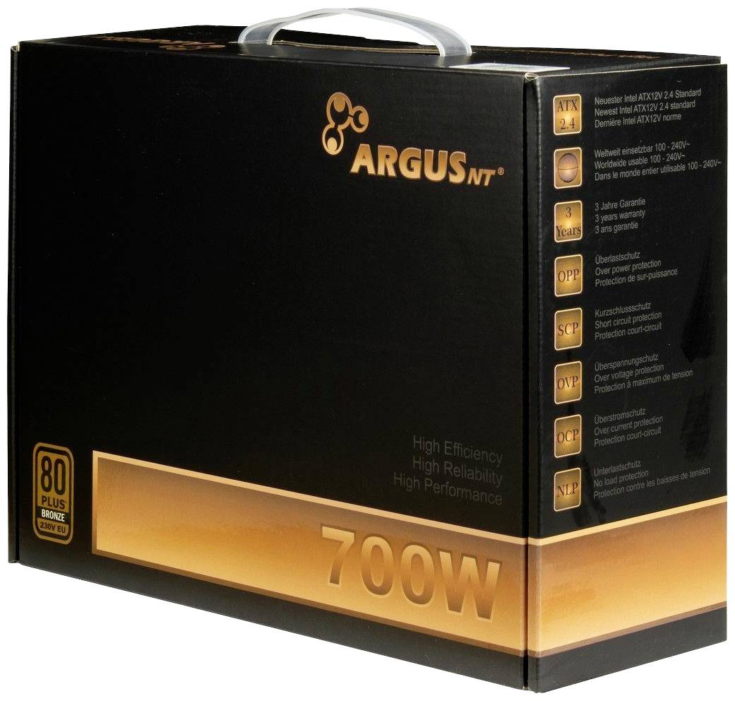 Schwarze Verpackung mit orangefarbenem Akzent, Argus NT-Logo. 700W Netzteil, 80 Plus Bronze Zertifizierung, hohe Effizienz.