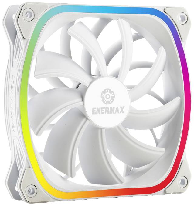 Weißer Computerlüfter mit farbigem LED-Kreis an der Außenseite, Marke 'Enermax'.