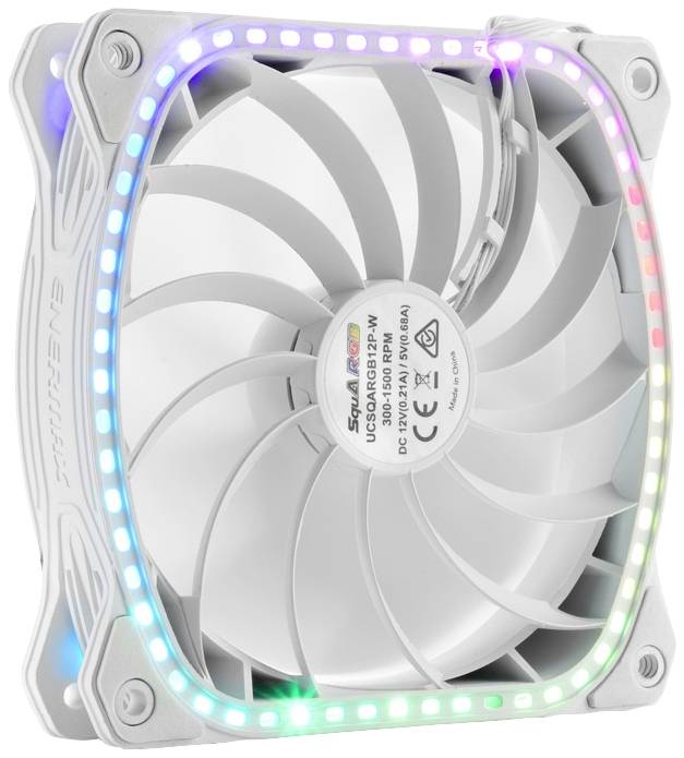 Ein weißer Computerlüfter mit RGB-Beleuchtung an den Rändern, geeignet für PC-Kühlung. Modell: 'Enermax'.