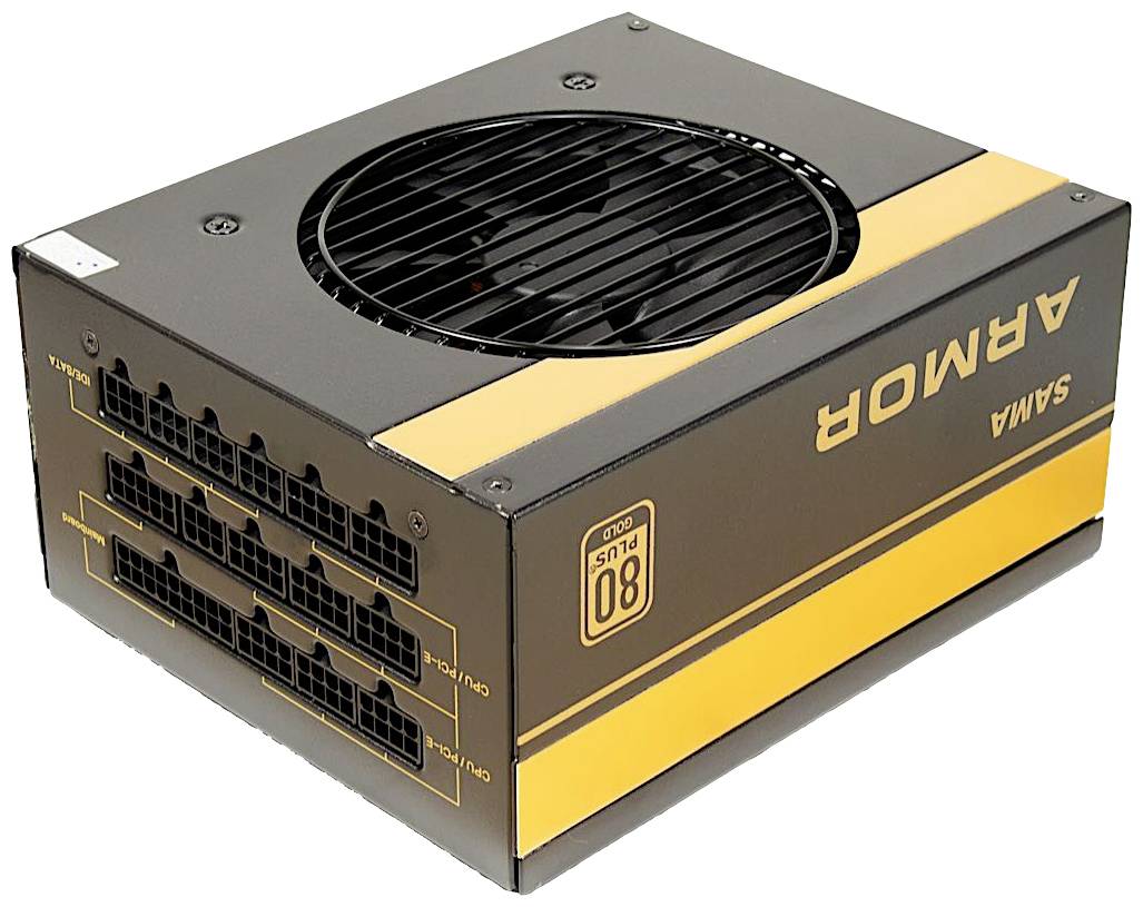 Schwarzes PC-Netzteil mit gelben Streifen und der Aufschrift 'AROMA' an der Seite. Es trägt das 80 Plus Gold Zertifikat.