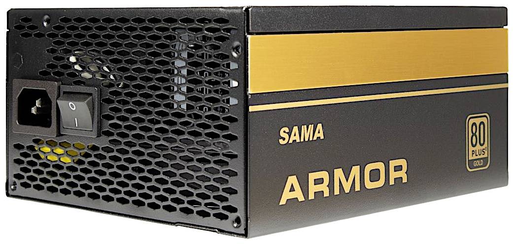 Schwarzes Computernetzteil mit goldenen Akzenten. Markenname 'SAMA' und Modell 'ARMOR' sind sichtbar. 80 Plus Gold-Zertifizierung.