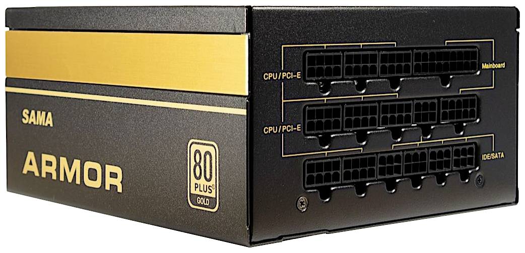 'Schwarzes Netzteil SAMA Armor 80 Plus Gold' mit mehreren Anschlussmöglichkeiten für CPU, PCI-E, Mainboard und andere Komponenten.