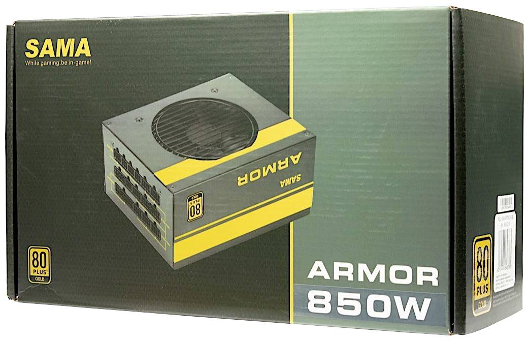 Netzteilverpackung der Marke SAMA, Modell Armor 850W, 80 Plus Gold zertifiziert. Abbildung des Netzteils auf der Vorderseite.