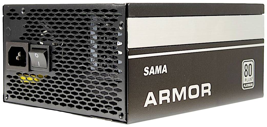 Ein SAMA ARMOR Netzteil mit einem 80 PLUS Platinum-Zertifikat. Geeignet für Computer, bietet es effiziente Stromversorgung.