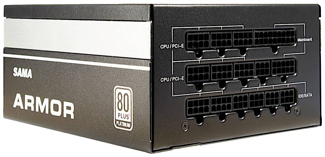 Schwarzes PC-Netzteil mit mehreren Anschlüssen, Modell 'SAMA ARMOR', 80 PLUS Platinum Zertifizierung.
