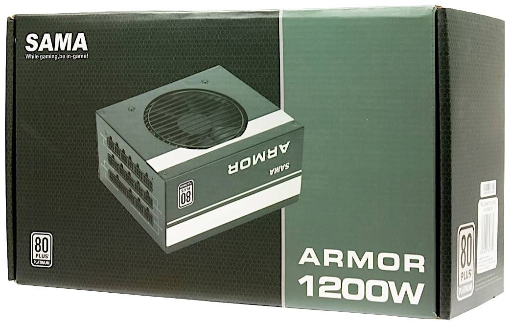 Die Abbildung zeigt die Verpackung eines SAMA Armor 1200W Netzteils mit 80 Plus Platinum Zertifizierung.