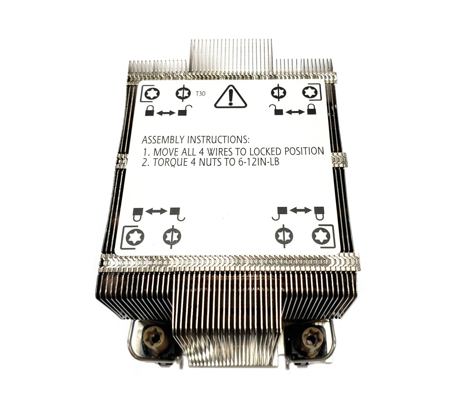 Kühlkörper mit Montageanleitung: '1. Ziehen Sie alle 4 Kabel in die gesperrte Position. 2. Ziehen Sie 4 Muttern mit 6-12 IN-LB an.'
