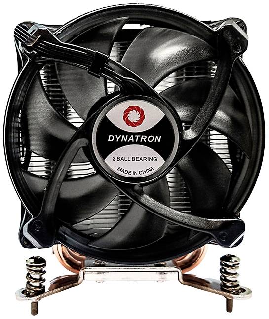 Lüfter mit schwarzem Rotor, markiert mit 'DYNATRON', zeigt Firmennamen und Herkunft 'MADE IN CHINA'. Ideal für Kühlprodukte.
