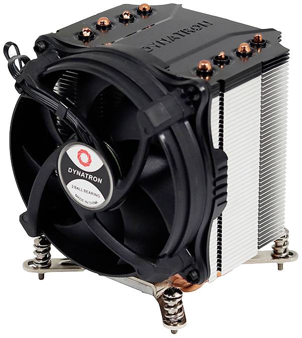 Ein schwarzer CPU-Kühler mit Lüfter und Kühlrippen aus Aluminium. Kupferheatpipes sind sichtbar, der Sockel verfügt über Federschrauben.