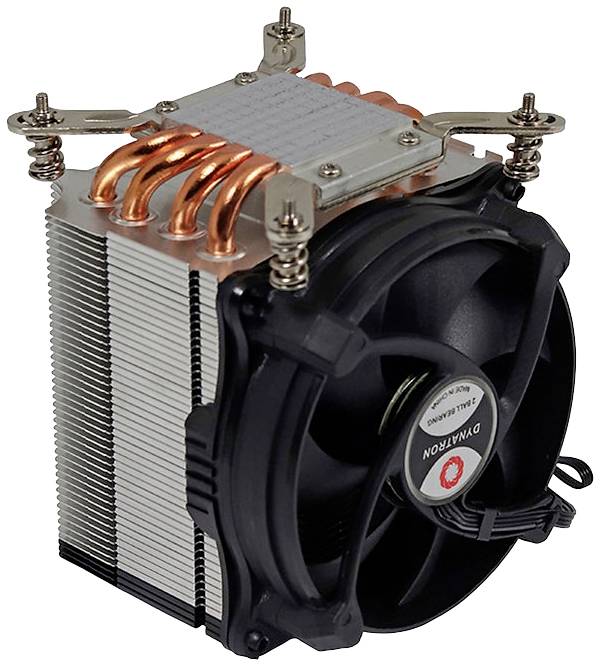 Schwarzer Computer-Prozessorlüfter mit silbernen Kühlrippen und Kupferrohren, montiert auf silberner Halterung.