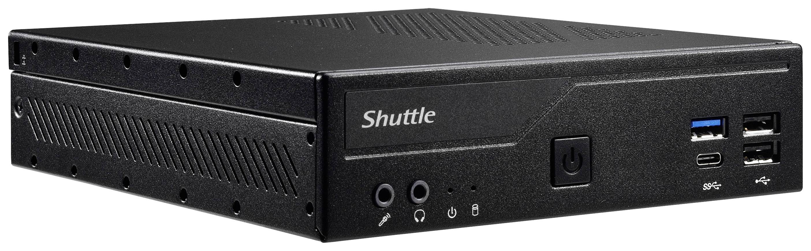 Ein schwarzer, kompakter Mini-PC von Shuttle mit mehreren USB-Anschlüssen und Audioanschlüssen an der Vorderseite.