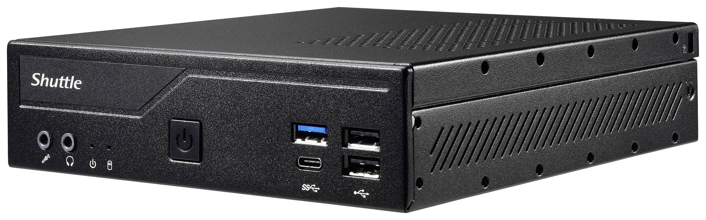 Kleiner schwarzer Computer mit mehreren USB-Anschlüssen und Audiobuchsen auf der Vorderseite.