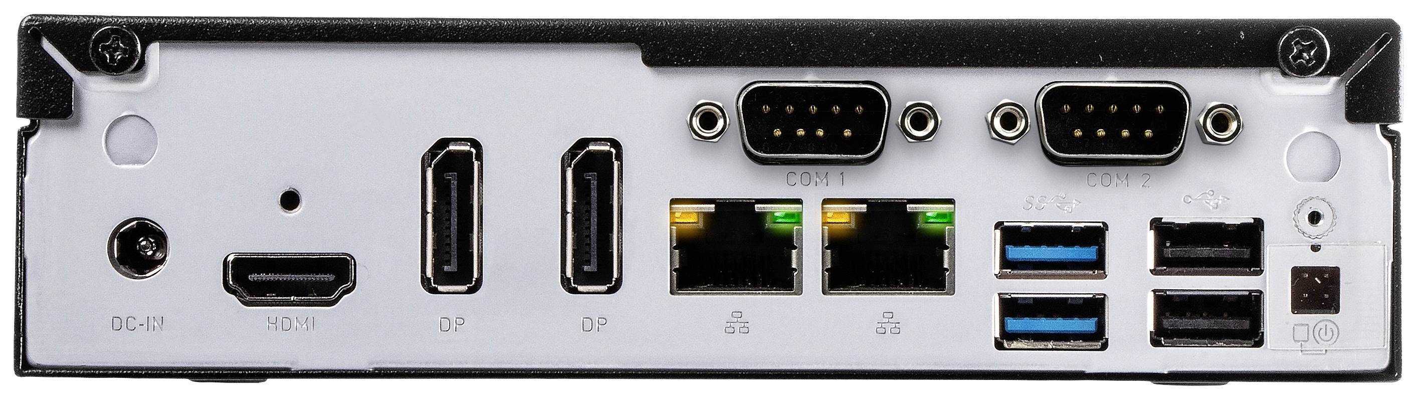 Rückansicht eines Computergehäuses mit verschiedenen Anschlüssen: HDMI, DisplayPort, serielle Ports, Ethernet und USB-Anschlüsse.