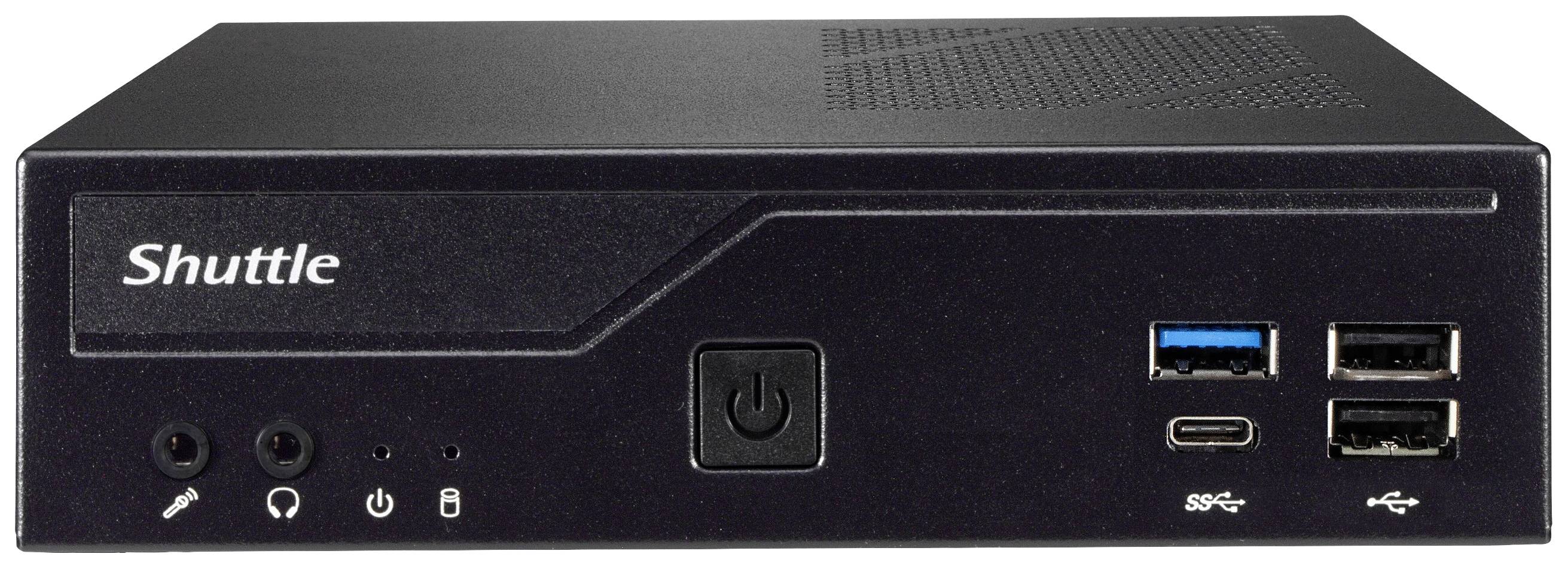 Ein kompakter schwarzer Mini-PC mit der Aufschrift 'Shuttle', Frontanschlüsse für Audio und USB, sowie ein Einschaltknopf.