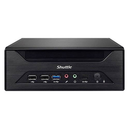 Ein kleiner schwarzer Desktop-PC mit mehreren USB-Anschlüssen und Audioanschlüssen an der Vorderseite.