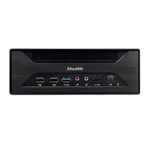 Ein kompakter schwarzer Computer mit mehreren Anschlüssen auf der Vorderseite, einschließlich USB und Audio, und der Marke 'Shuttle'.