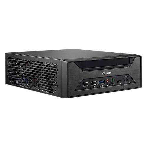 Kleiner, schwarzer Desktop-PC im Mini-Format mit USB-Anschlüssen und Belüftungsgitter an der Seite.