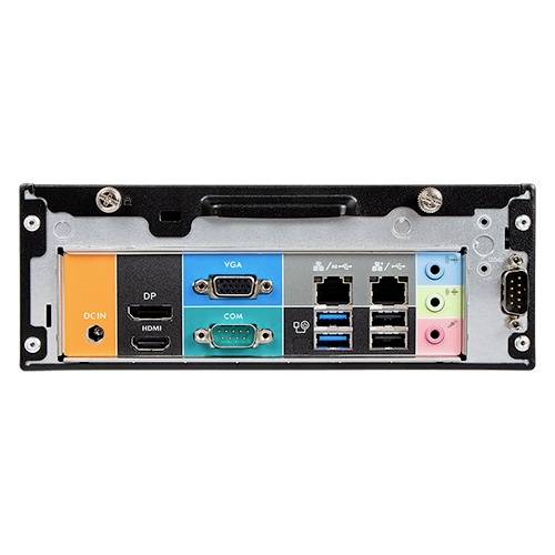 Computer-Rückseite mit Anschlüssen: VGA, HDMI, USB, Ethernet, Audio, DC-In. Farbcodierte Bereiche für Organisation.