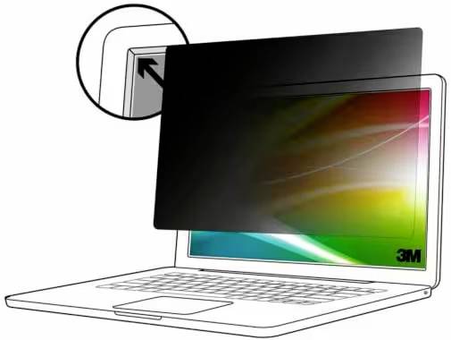 Ein Laptop mit einem Sichtschutz, der den Bildschirm vor seitlichen Blicken schützt. Ein Kreis-Detail zeigt die Befestigung.